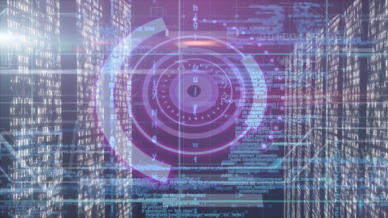 Digital data streams and circular interface animation over futuristic cityscape