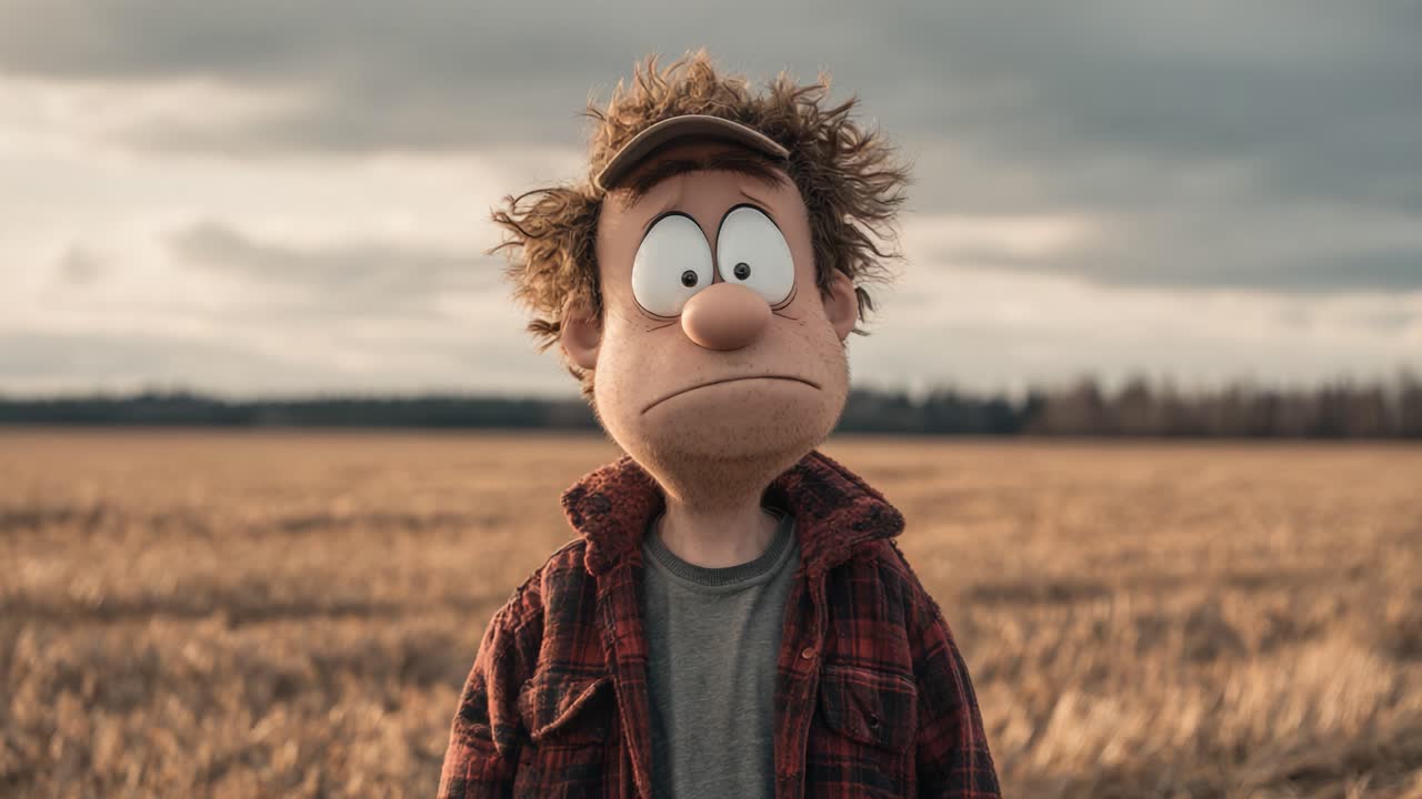 A Thoughtful Animated Character Reflects in a Serene Empty Field, Capturing Emotion and Depth in a Simple Yet Engaging Scene