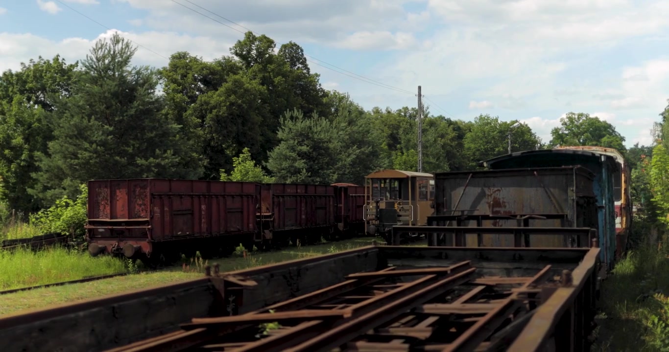 Vecchie carrozze di treni arrugginite ferme sui binari circondate da alberi in una soleggiata giornata estiva, catturate in una dinamica ripresa 4K.