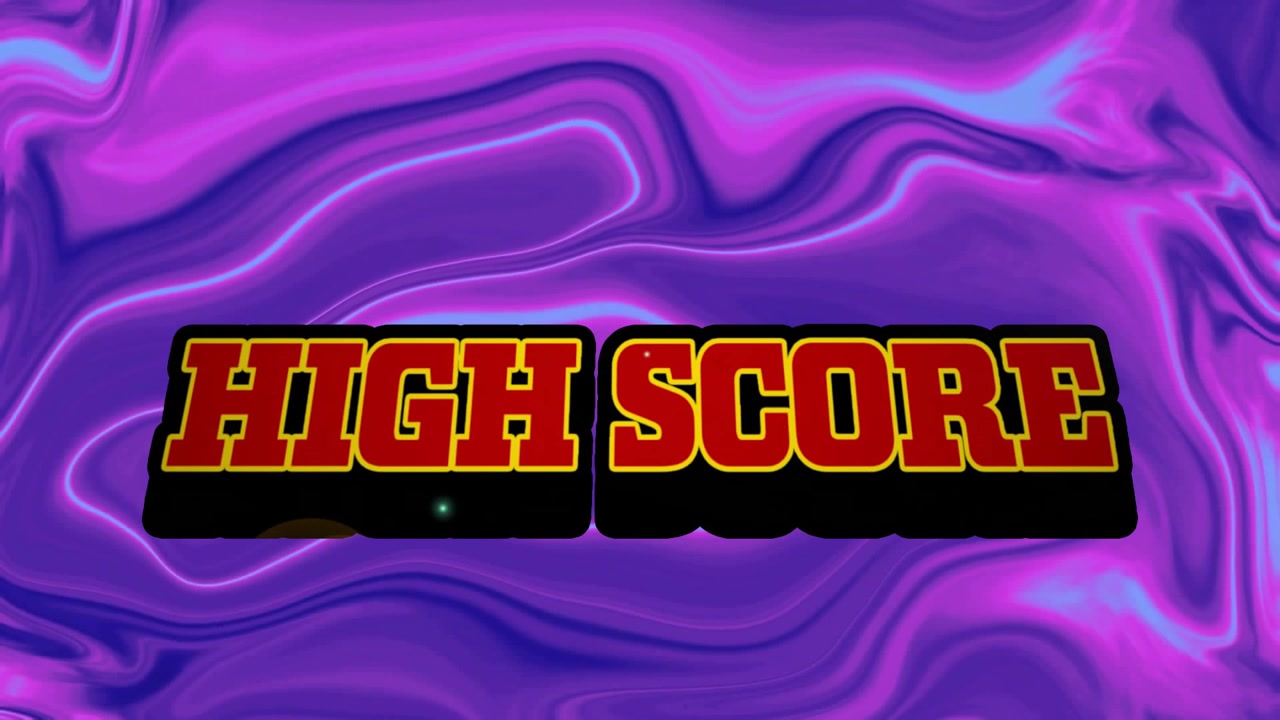 Animazione di testo 'High Score' su sfondo astratto liquido viola