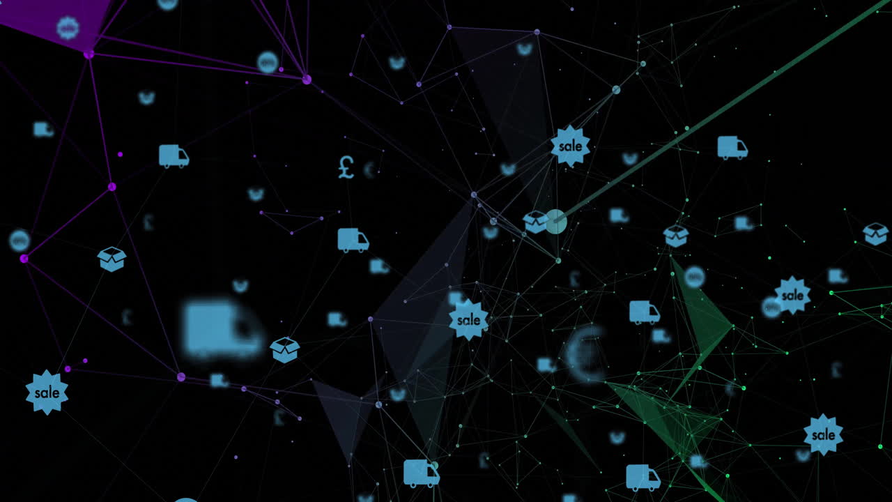 Animation of digital data visualization with network connections and sale icons