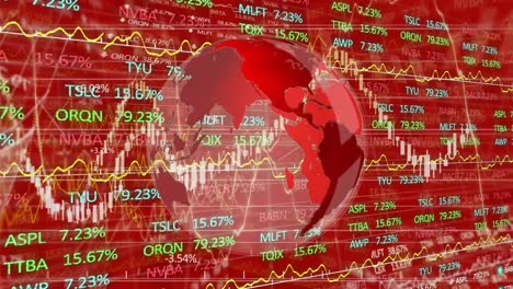 Animation-of-stock-market-display-with-numbers-and-graphs-with-spinning-globe-on-red-background