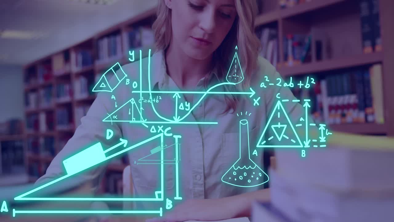 анимация обработки научных данных над кавказской студенткой.