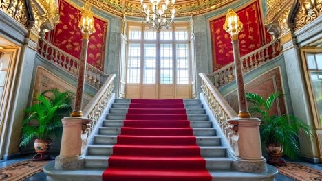 a red carpeted stairway leading to a large room with a red carpet