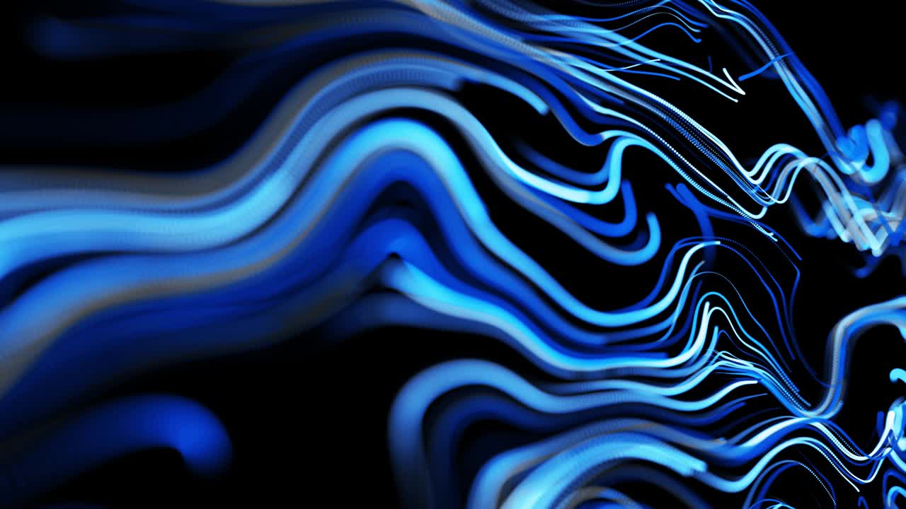Abstract 3d looped background with lines form swirling pattern like curle noise with light streaks. Flow of particles forms curled lines like blue glow trails. Beautiful swirls of lines as abstract bg