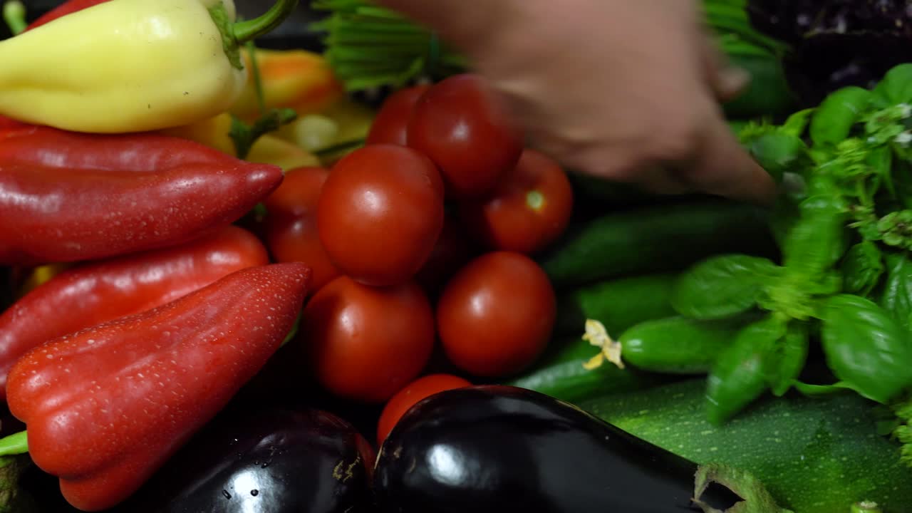 Sorting colorful fresh vegetables and herbs in a box