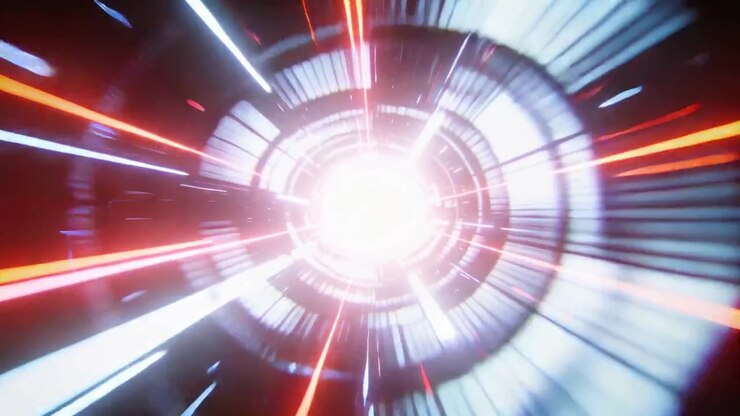 Camera thrusting toward luminous core inside sci-fi tunnel, showing concentric rings, red streaks