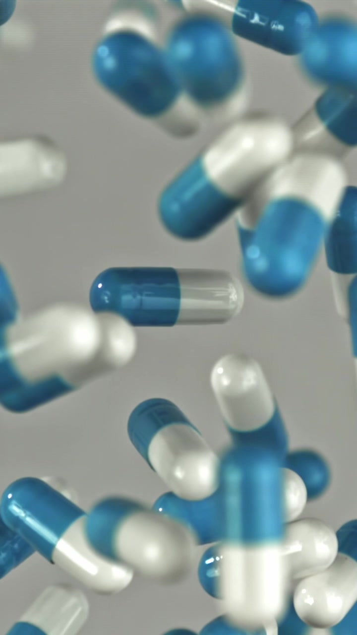 Capsule farmaceutiche blu e bianche che cadono al rallentatore