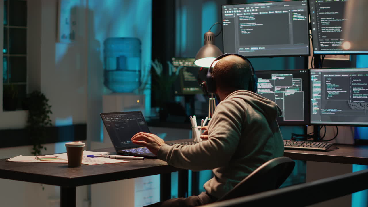 Programmer coding at night in a dark office