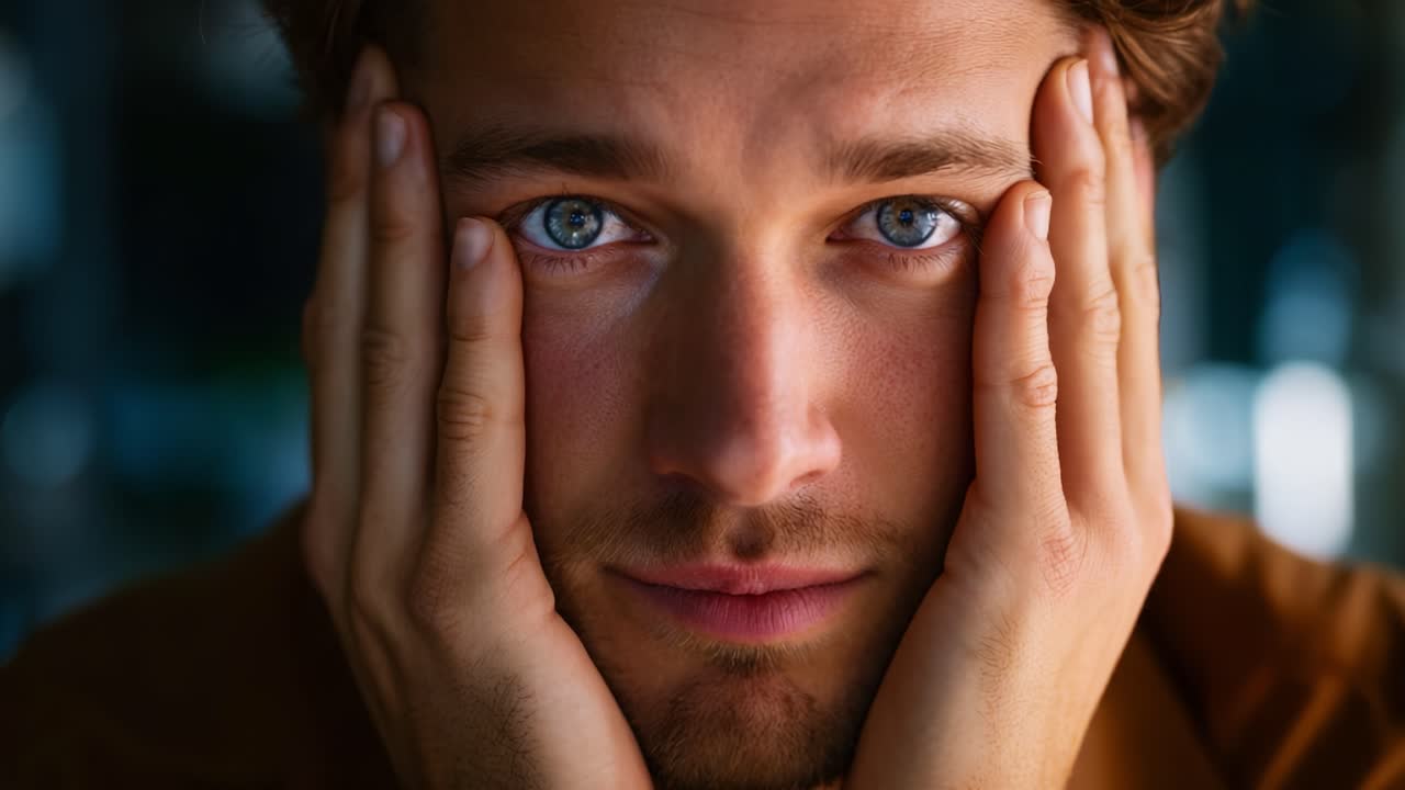 Un uomo contemplativo esprime una complessa gamma di emozioni attraverso il suo sguardo espressivo e la posizione pensosa della mano, catturando un momento introspettivo della vita