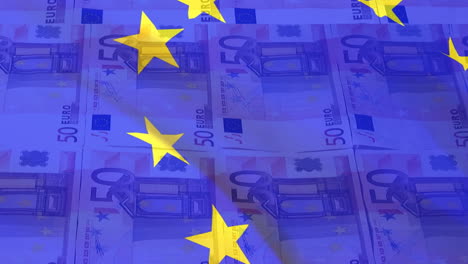 animation of waving eu flag against close up of euro bills in seamless pattern