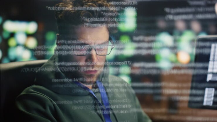 Programer hands typing keyboard working computer pc in data hologram closeup