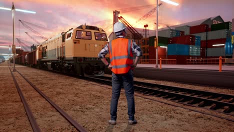 worker observing cargo train at port at sunset
