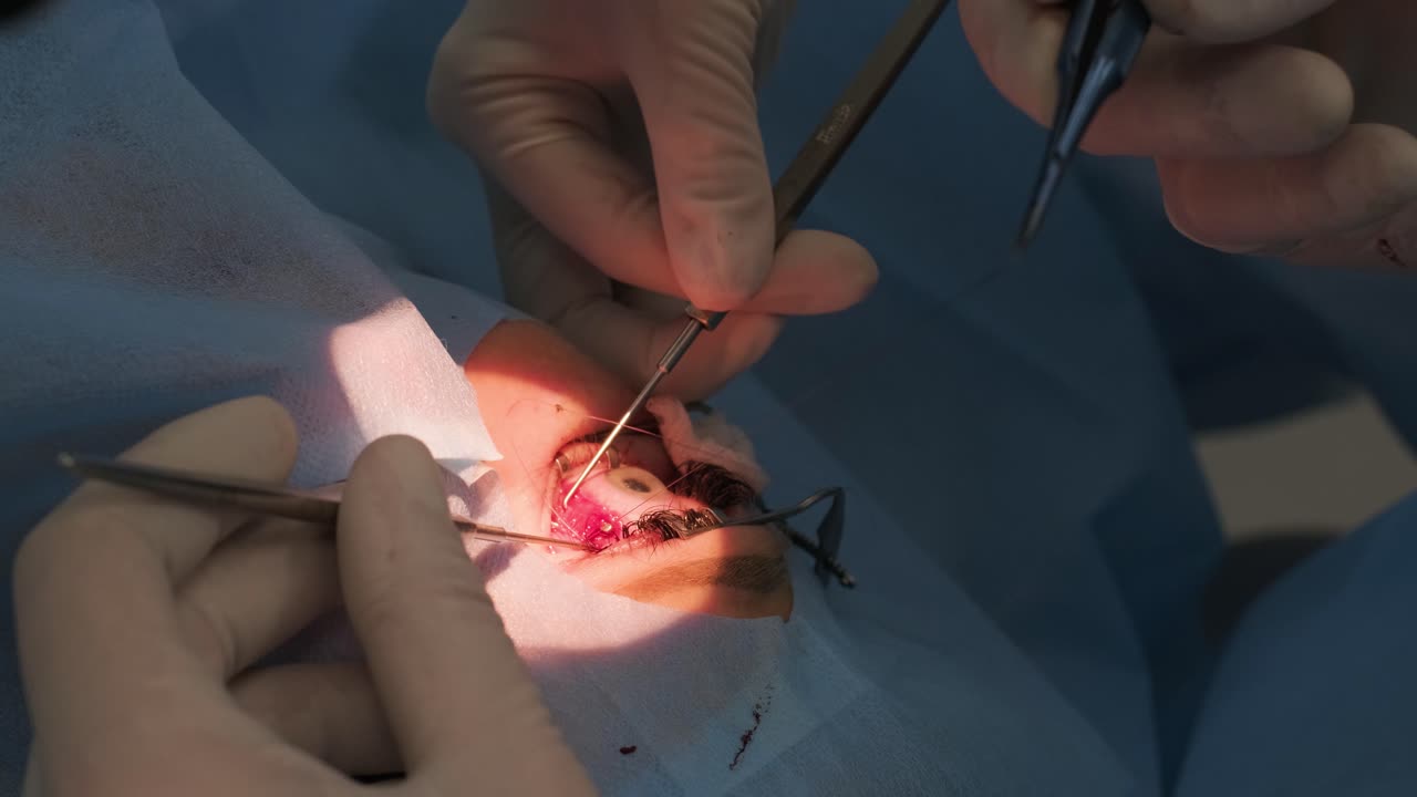 수술팀은 스트라비스무스 수술을 현대적인 기술, 최신 장비를 사용하여 현대적인 클리닉에서 수술팀이 눈을 습니다.