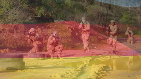 animación de la bandera de ee.uu. sobre varios soldados