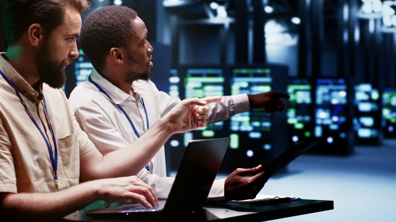 Teamworking experts doing server checkup