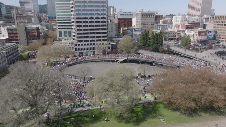 Drone shot of Portland, Oregon sign.