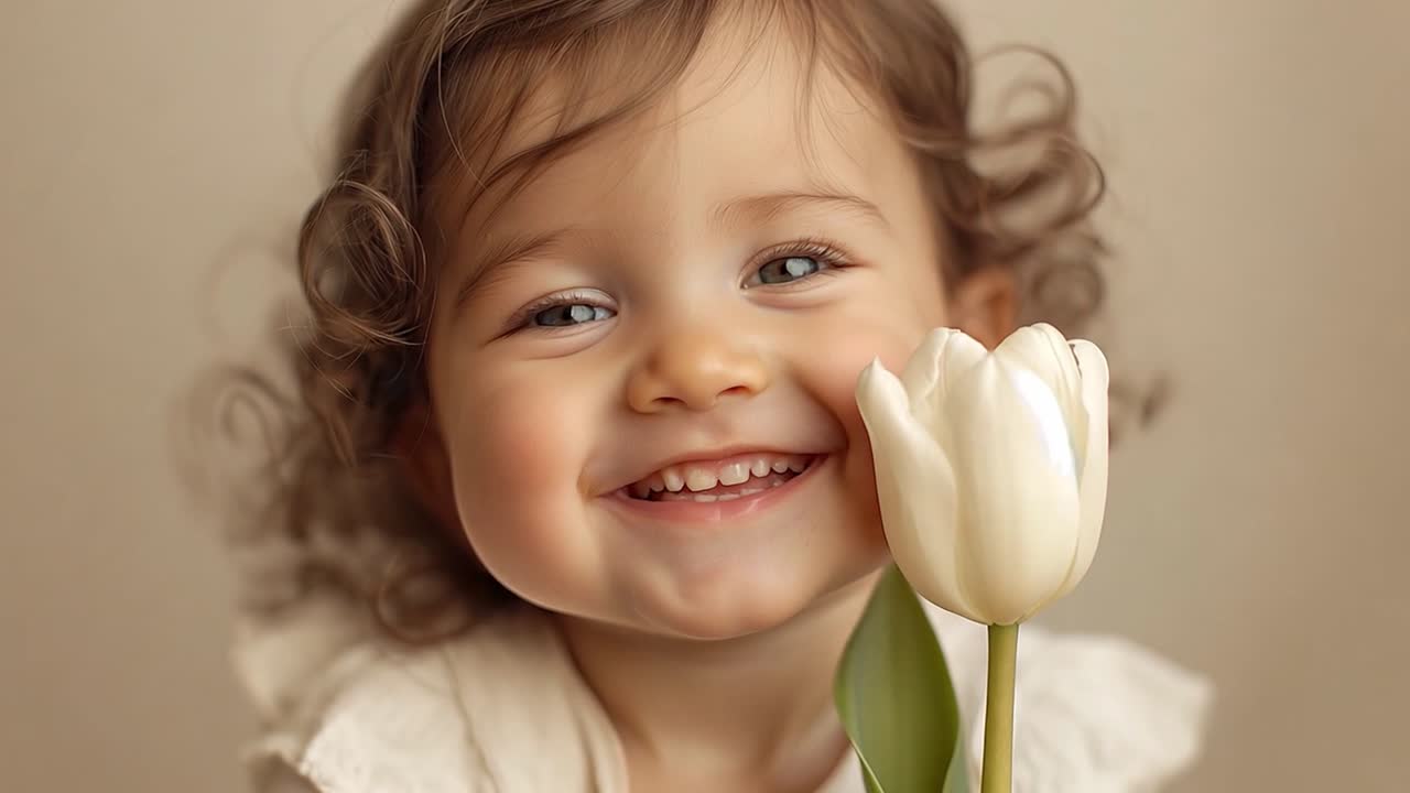 Happy Child with White Tulip