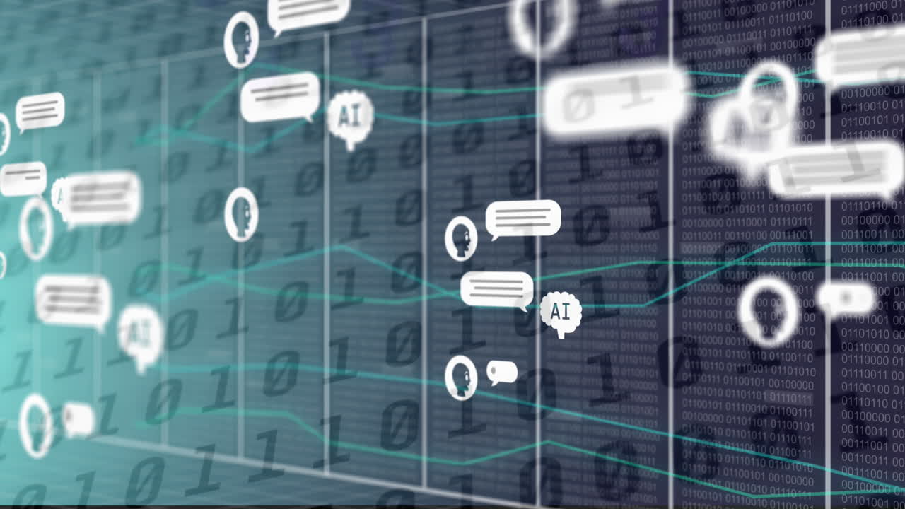 Animation of ai data, chat and icons and binary coding