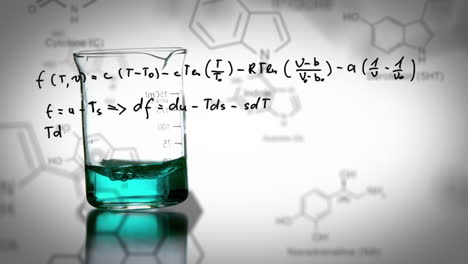 Animated lab beaker fills with color liquid amid chemical formulas and data.