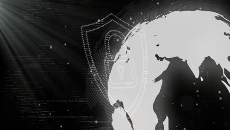 animación de bloqueo de seguridad y procesamiento de datos en el globo sobre fondo negro.