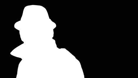 mysterious man in hat looking confused, white silhouette on black background