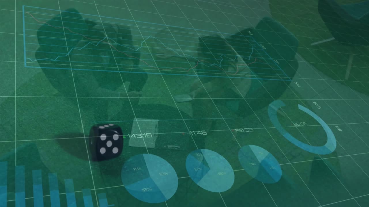 Animation of data processing and diverse business people over dice
