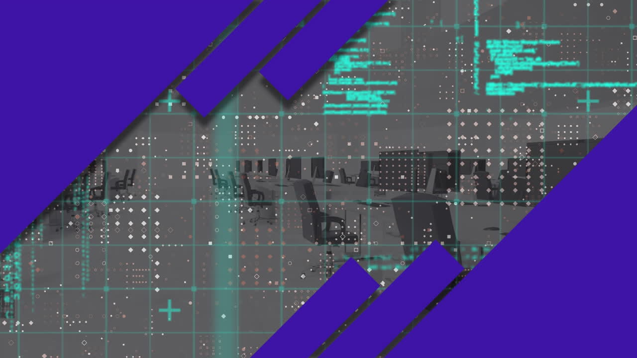 Animation of purple pattern, financial data processing over modern office