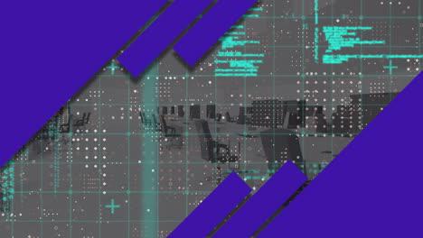 animation of purple pattern, financial data processing over modern office