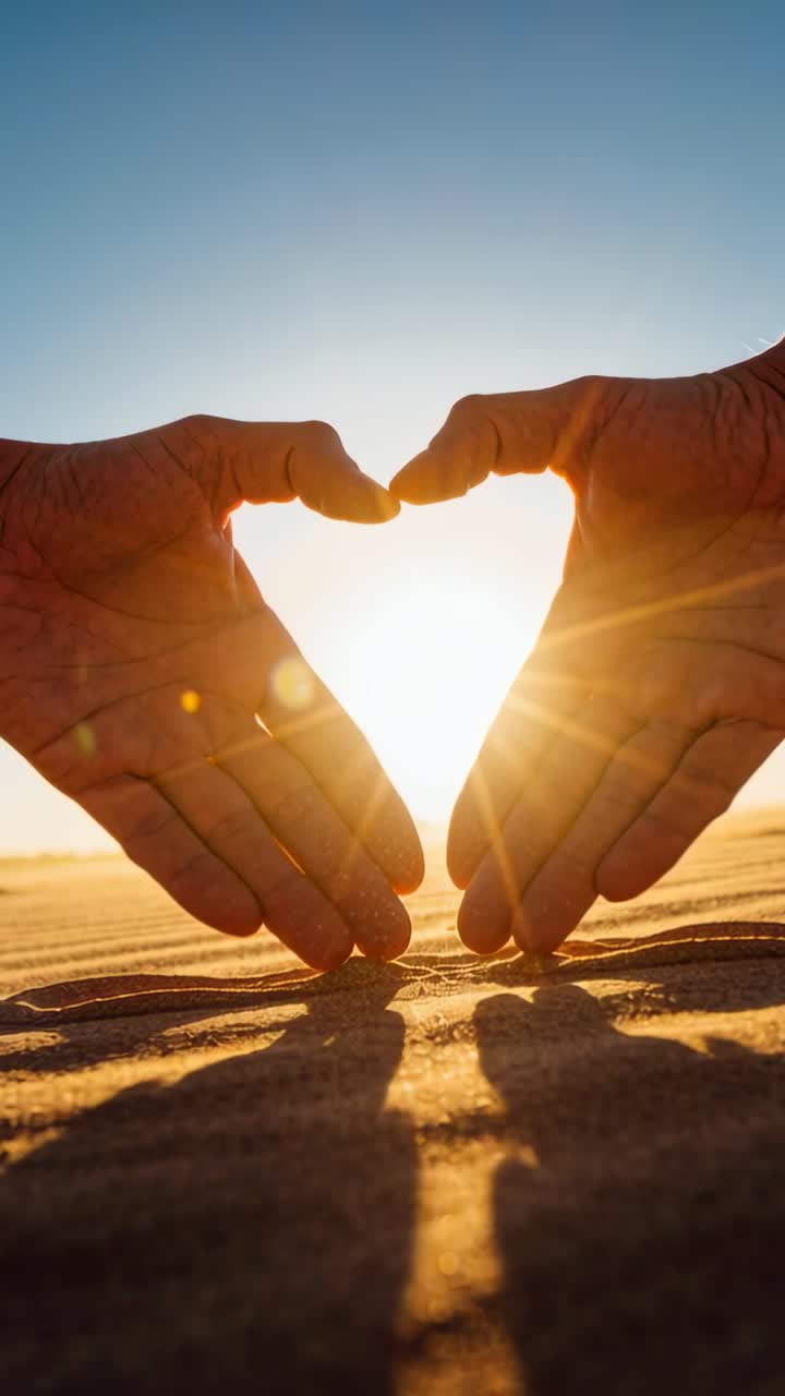 Mani che si muovono verso l'interno e verso l'alto, incorniciando il sole a forma di cuore su sabbia increspata per il marketing turistico.