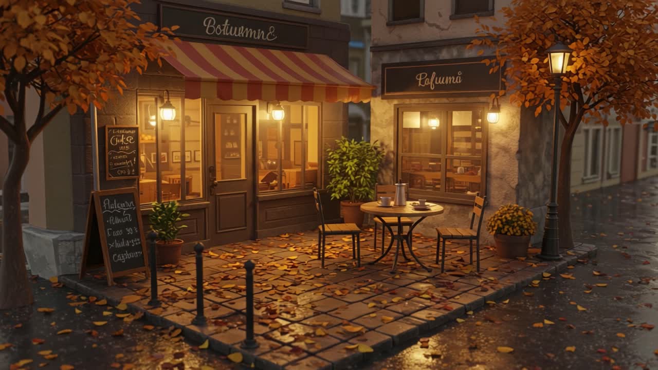 Charming Street Cafe Surrounded by Autumn Foliage: A Cozy Retreat on a Rainy Day, Inviting Patrons to Enjoy Warm Beverages and Delicious Pastries