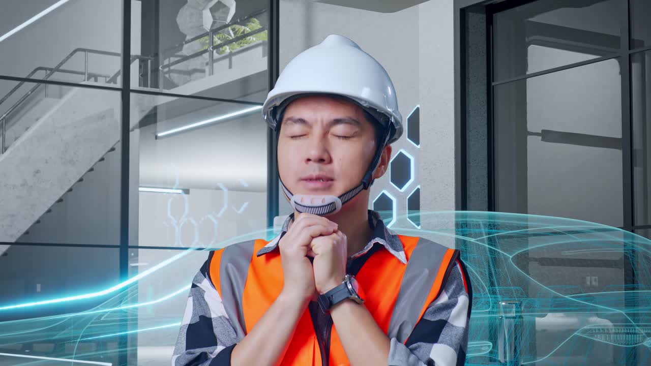 안전 헬을 입은 아시아 남성 엔지니어가 전기 차량과 첨단 산업 시설의 개념을 가지고 서있는 동안 무언가를 위해 기도합니다.