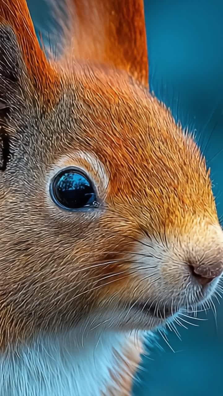 Uno studio ravvicinato delle caratteristiche facciali di uno scoiattolo rosso che cattura ogni dettaglio della sua pelliccia vibrante e dei suoi occhi espressivi con una chiarezza sorprendente.