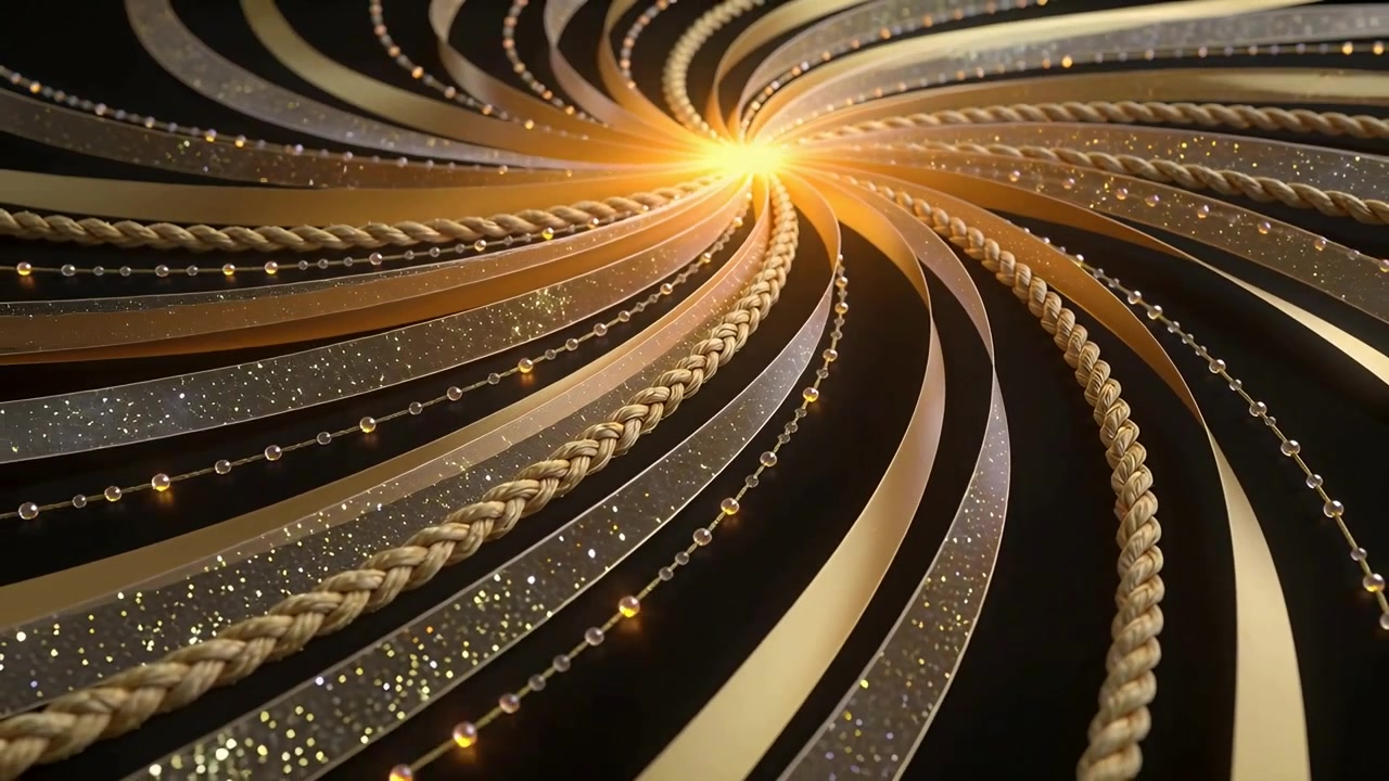 Girando una spirale d'oro con luce calda che sorge nel vuoto nero, corda intrecciata, nastri e perline che brillano