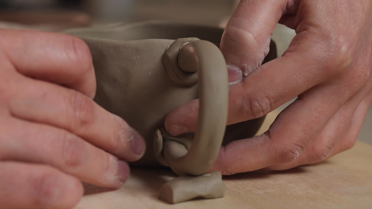 Close up shot of white hands making mug and adding clay with bare hands, interior