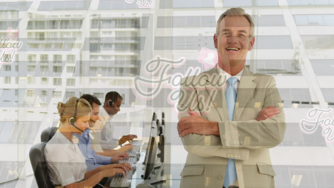 휴대폰 헤드 ⁇ 을 착용한 사람들 위에 소셜 미디어 아이콘의 애니메이션