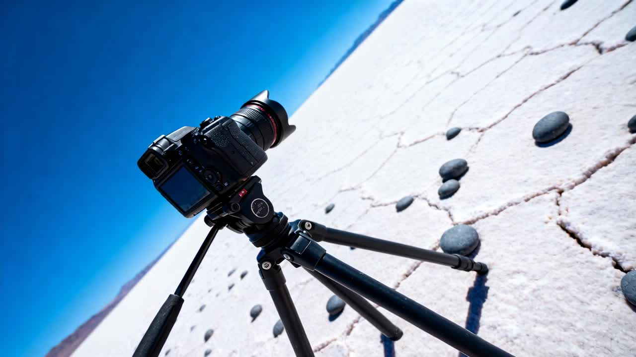 Ponto de vista giratório revelando uma câmera DSLR em tripé em um salar, mostrando crosta rachada e pedras.
