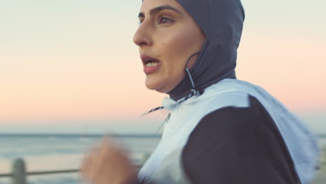 muslim face, woman and running at beach