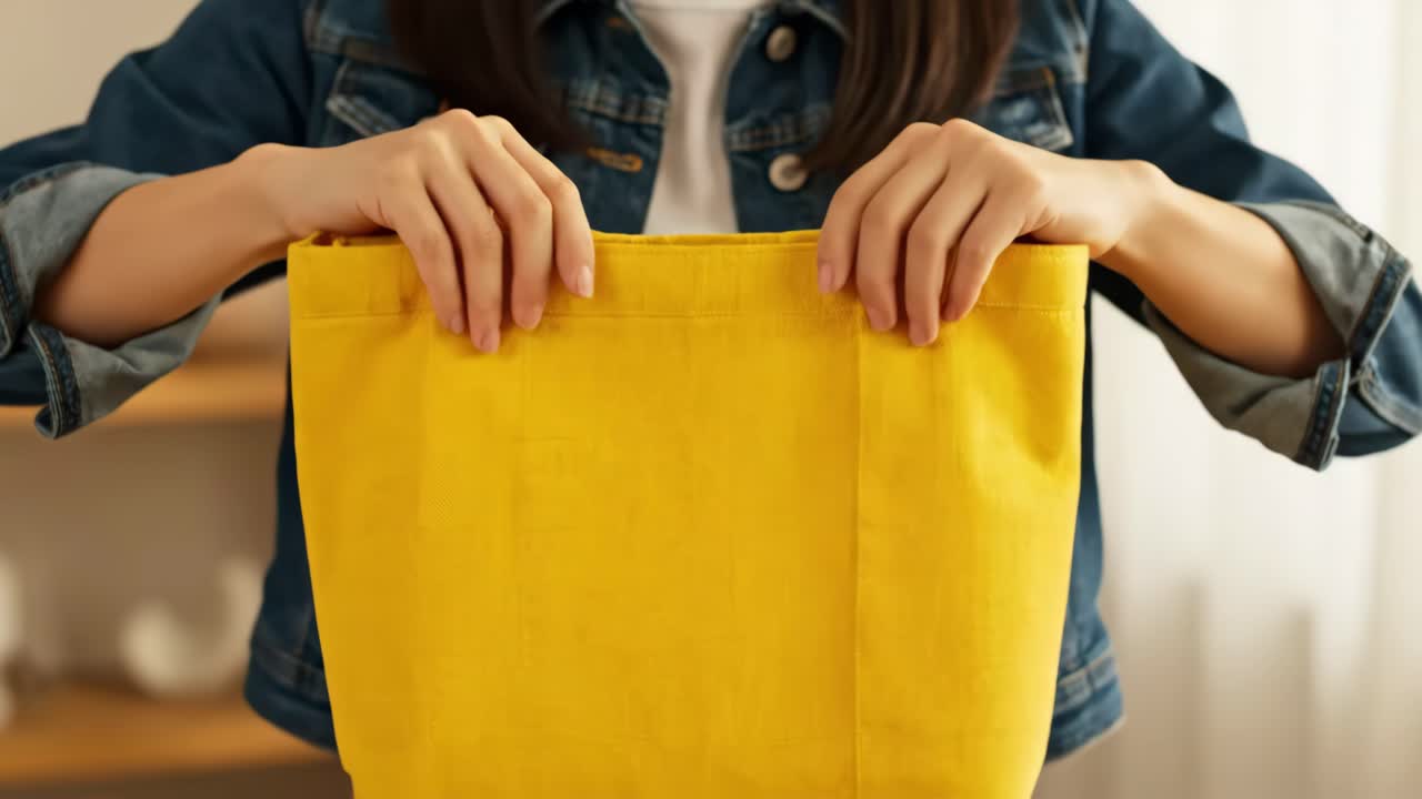 Woman folding yellow fabric