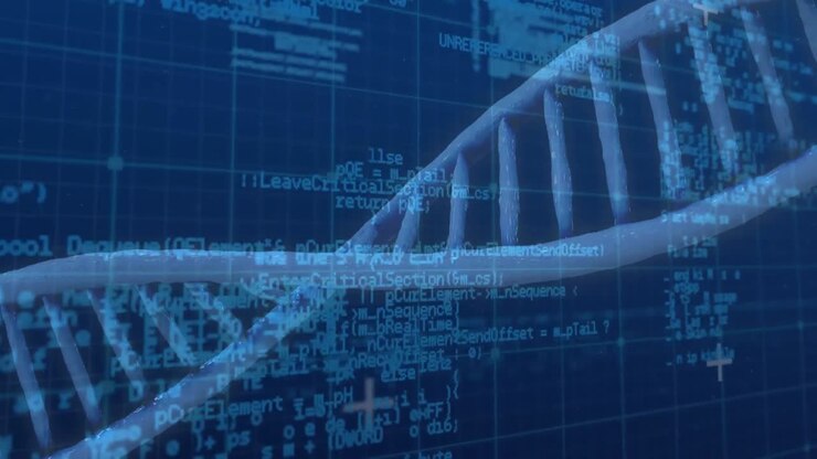 Animation of dna strand spinning over data processing and grid