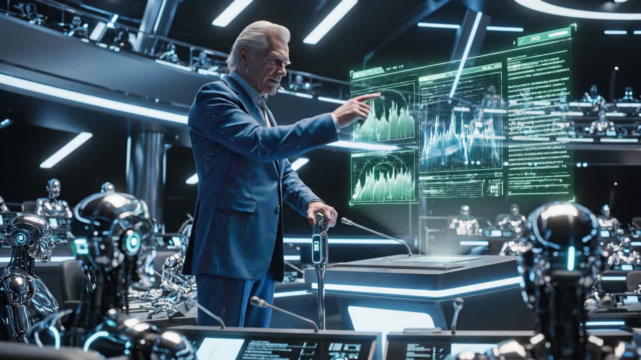 A man presenting to a robot audience