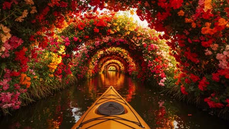 a serene journey through a floral tunnel: the captivating beauty of a kayak adventure surrounded by vibrant blossoms reflecting on tranquil waters