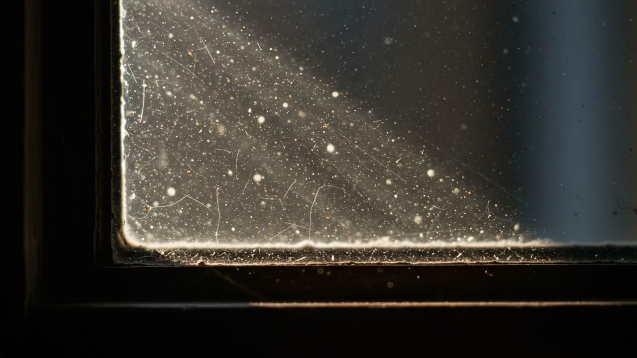 A Close-Up Exploration of Dust Accumulation on a Window Pane, Highlighting Light Reflections and Intricate Details Captured in Two Frames
