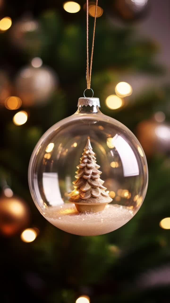 Close-up video of a glass ornament with a tree inside, shot at eye level, festive bokeh