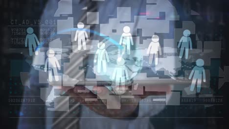 interfaz digital con procesamiento de datos contra la sección media del hombre de negocios que usa tableta digital