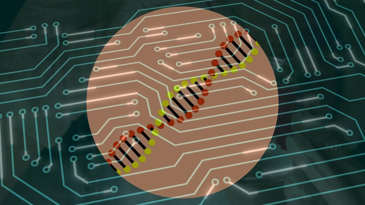 Animation of dna strand over computer circuit board and caucasian scientist in lab