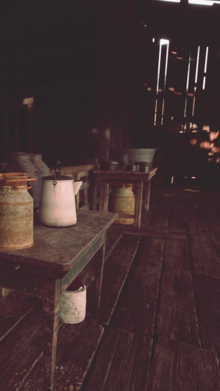 La scena mostra una cucina rustica con tavoli di legno e vari contenitori.