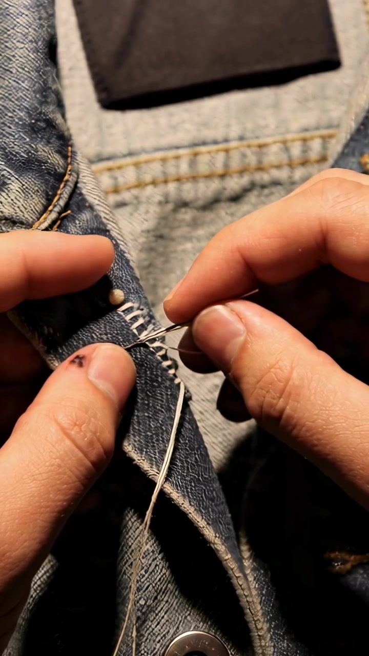 Video vertical: Manos cosiendo con aguja costura deshilachada en denim, tirando hilo, remache.