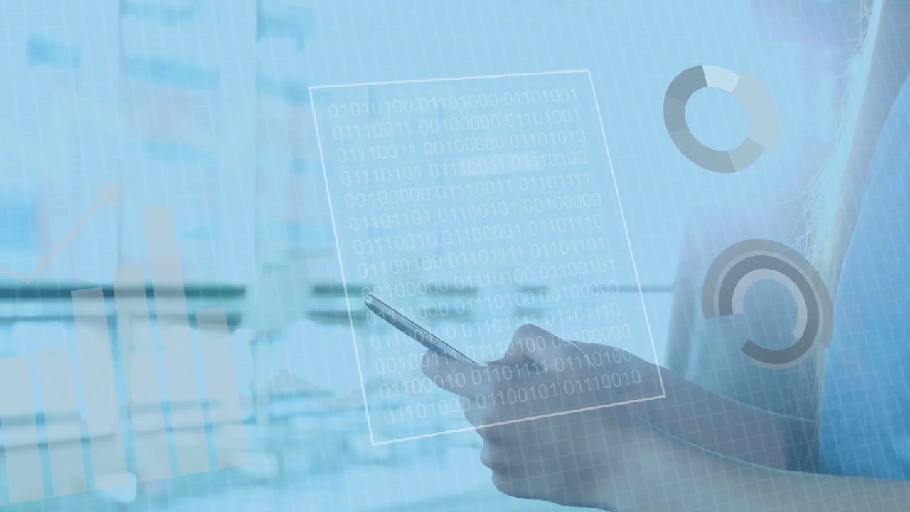 Businesswoman holding phone in atrium, bringing it forward, showing HUD charts while analyzing data
