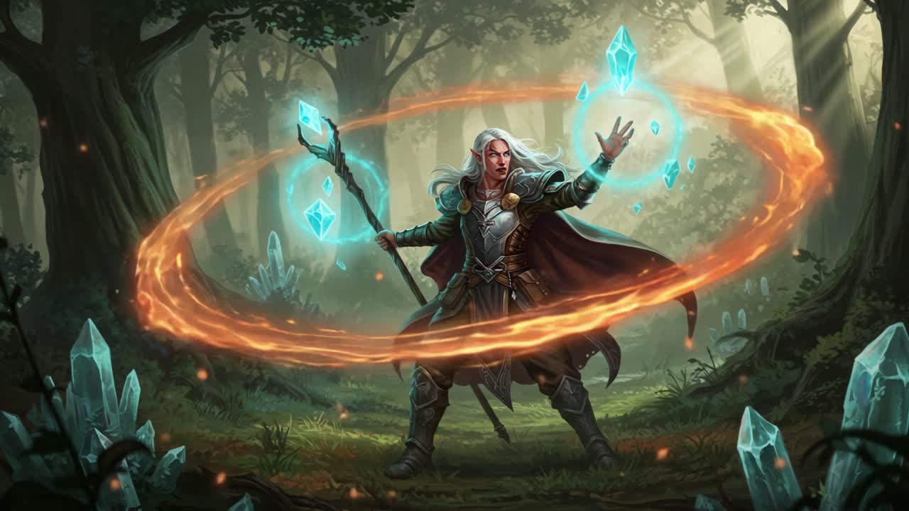 An Enigmatic Sorcerer Masterfully Manipulates Energy in a Mystical Forest, Surrounded by Glowing Crystals and Ethereal Light in a Captivating Display of Power